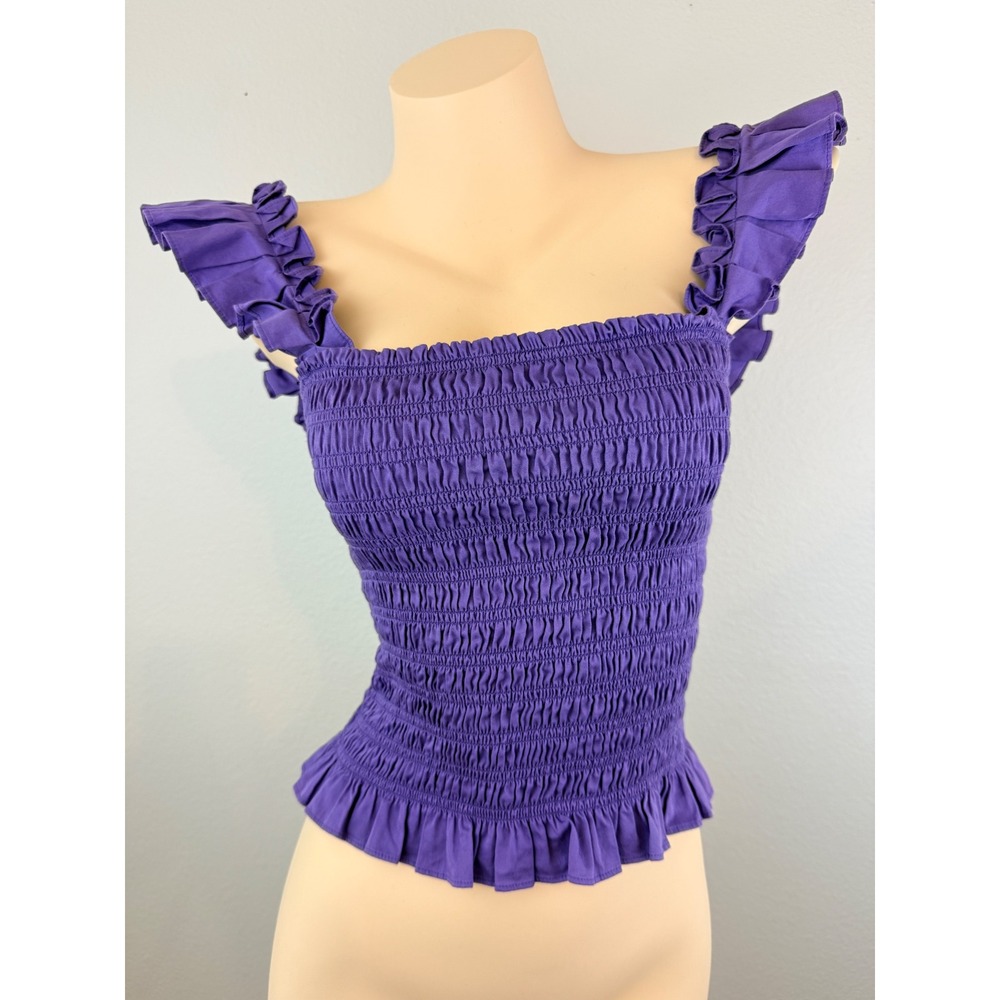 Cottagecore Ramy Brook Purple Smocked Ruffle Strap Peplum Top Size Medium